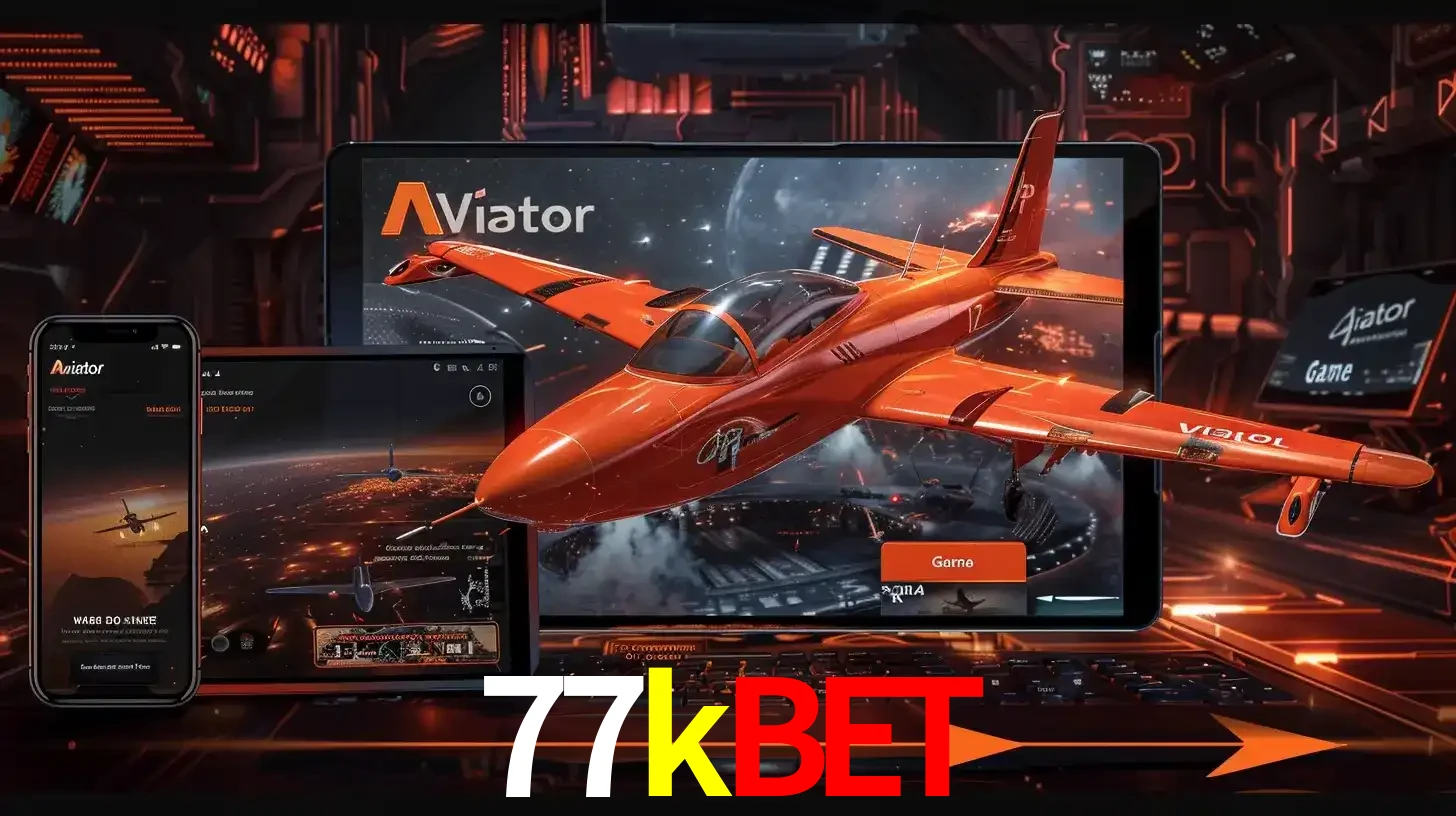 Apresentação tecnológica do jogo Aviator com um avião saindo da tela de um tablet, demonstrando a experiência imersiva em múltiplos dispositivos no 77kbet.