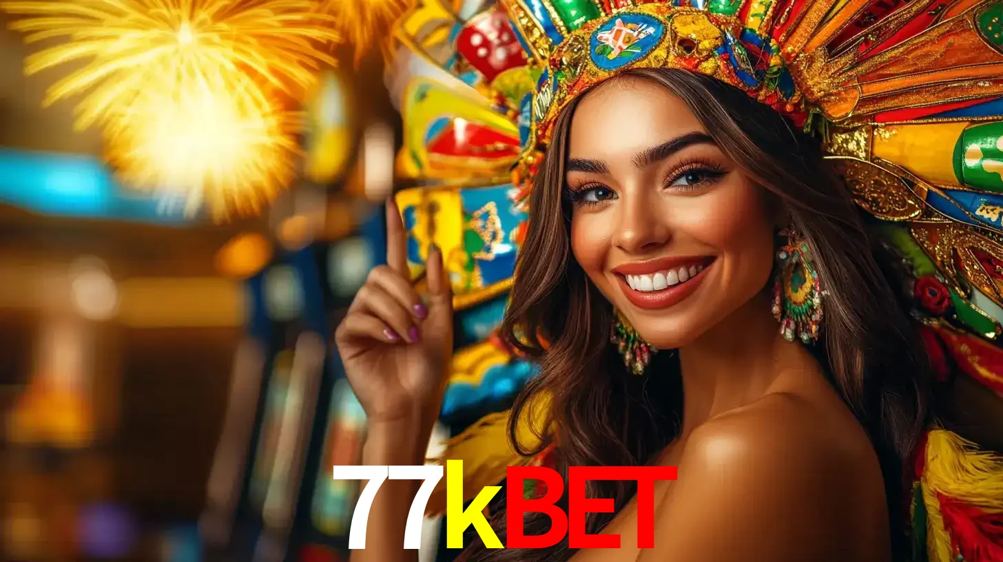 Mulher sorridente com um cocar de carnaval vibrante e colorido, celebrando uma grande vitória nos jogos do cassino 77kbet com fogos de artifício ao fundo.