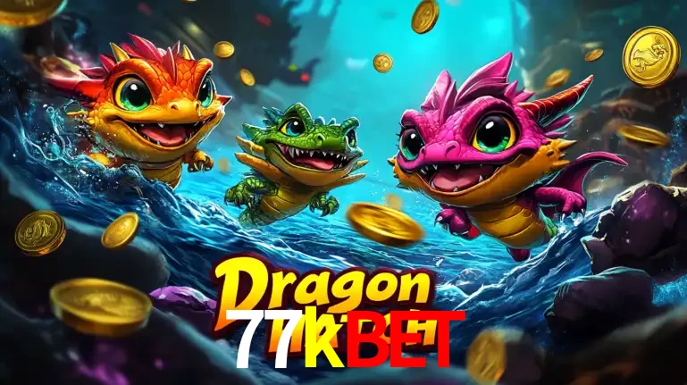 Arte promocional do jogo Dragon Hatch com três adoráveis dragões bebês nadando entre moedas de ouro, um dos slots mais divertidos para jogar no cassino 77kbet.