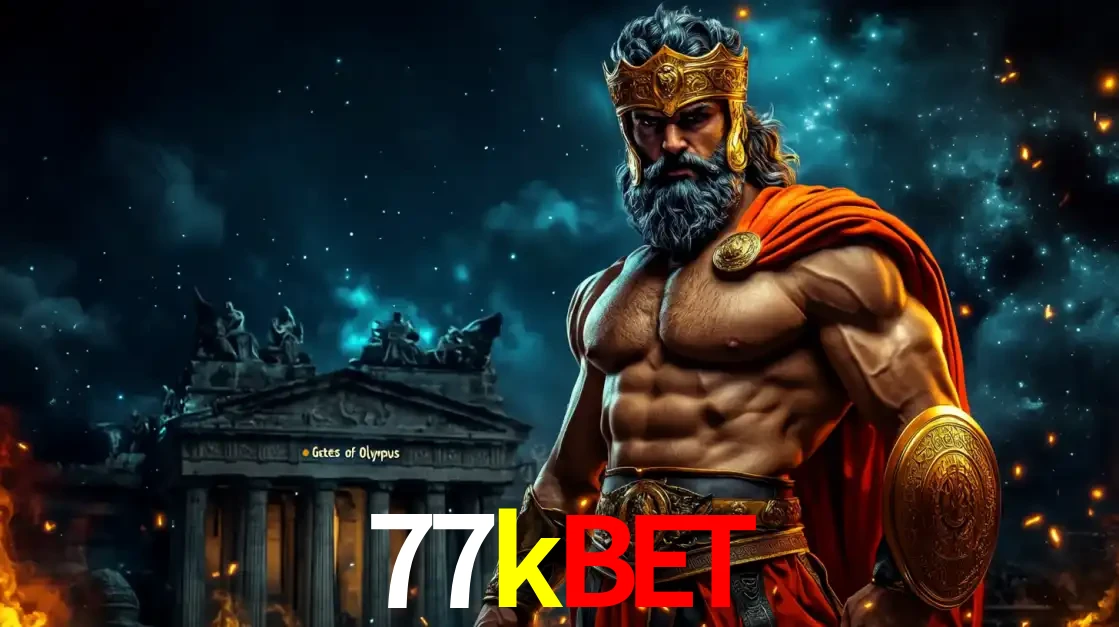 O poderoso Zeus do jogo de slot Gates of Olympus em frente ao seu templo, pronto para lançar multiplicadores divinos e prêmios épicos no cassino online 77kbet.