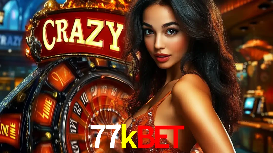 Mulher glamourosa olhando para a câmera com a roda vermelha do Crazy Time ao fundo em um ambiente de cassino, destacando a emoção dos jogos ao vivo no 77kbet.
