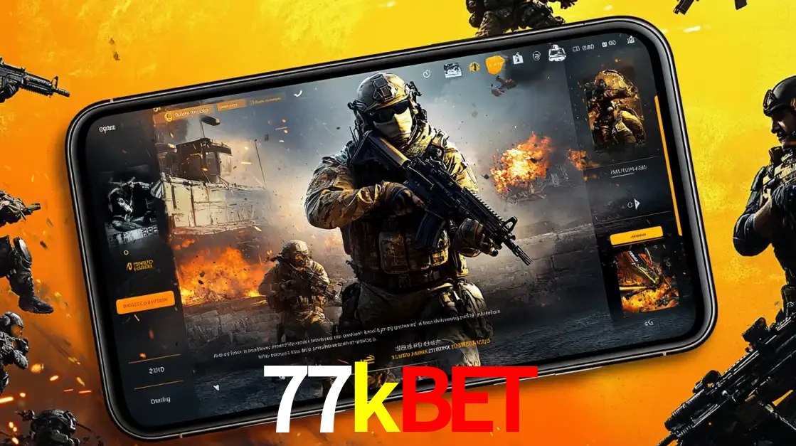 Um smartphone exibindo a interface de um jogo de tiro em primeira pessoa, com um soldado em um cenário de batalha, representando a ação dos e-sports para apostar no 77kbet.