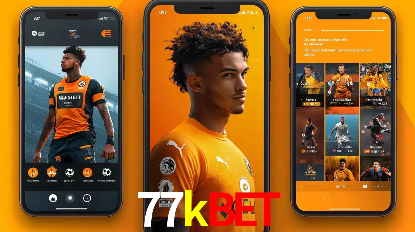 Interface do aplicativo de apostas esportivas 77kbet em três telas de celular, mostrando o perfil de um jogador de futebol e a lista de jogos disponíveis para apostar.