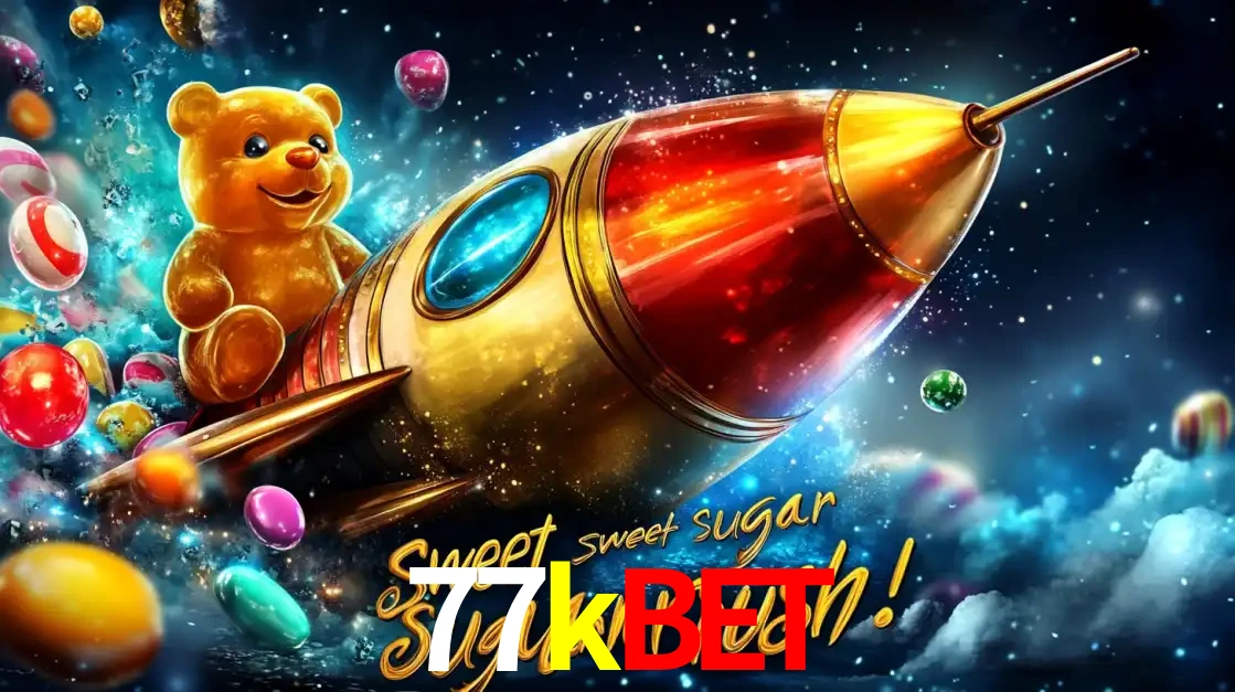 Arte promocional do jogo de slot Sugar Rush, com um urso de pelúcia em um foguete viajando pelo espaço de doces, um dos jogos divertidos disponíveis no cassino 77kbet.