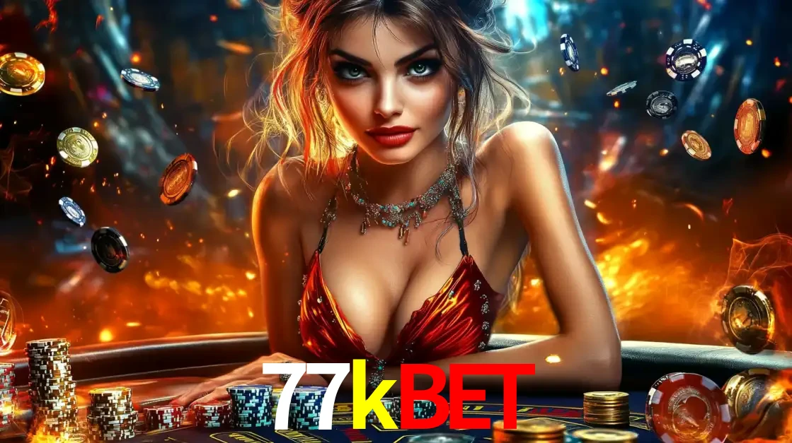Mulher em uma mesa de cassino com pilhas de fichas e um fundo de fogo, pronta para uma rodada de altas apostas nos jogos de mesa emocionantes do cassino 77kbet.