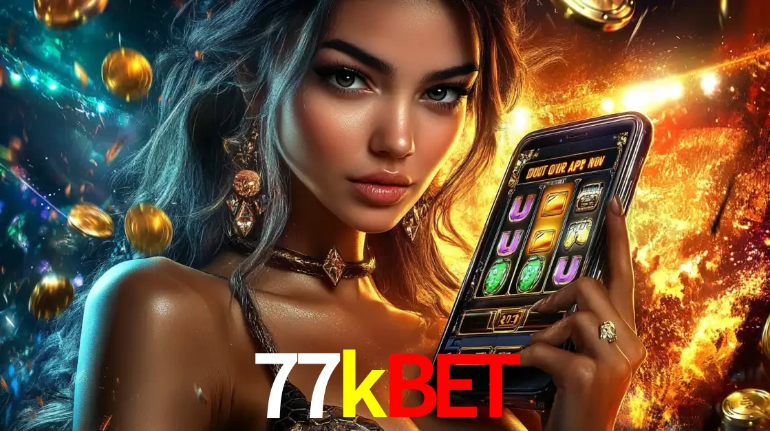 Mulher elegante mostrando um jogo de caça-níqueis em seu smartphone, destacando a experiência de cassino móvel oferecida pelo aplicativo 77kbet.