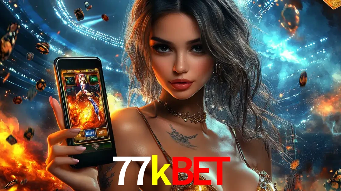 Mulher segurando um celular com um jogo de slot em destaque, tendo como fundo um estádio vibrante, simbolizando a emoção de jogar no cassino móvel 77kbet.