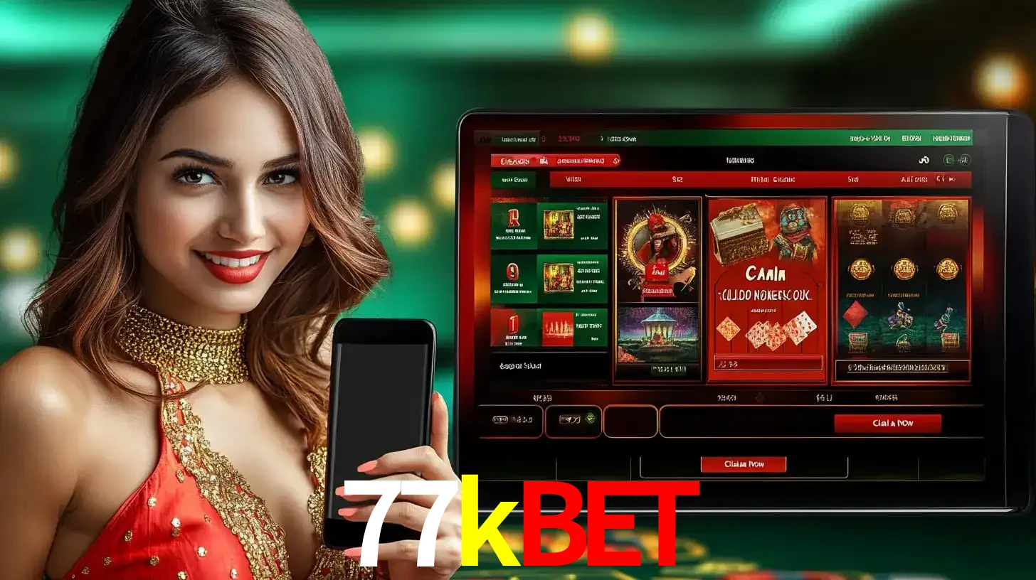 Mulher sorridente segurando um smartphone, ao lado de uma tela exibindo o lobby de jogos do cassino online 77kbet, com várias opções de jogos de cartas e slots.
